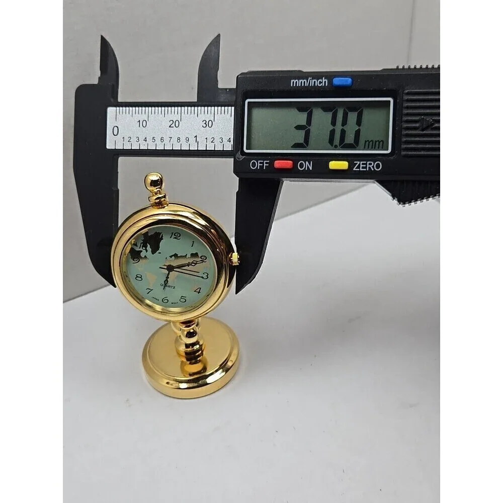 Miniature Gold World Map Desk Clock Quartz Japan Movt New Battery Working Gimbal